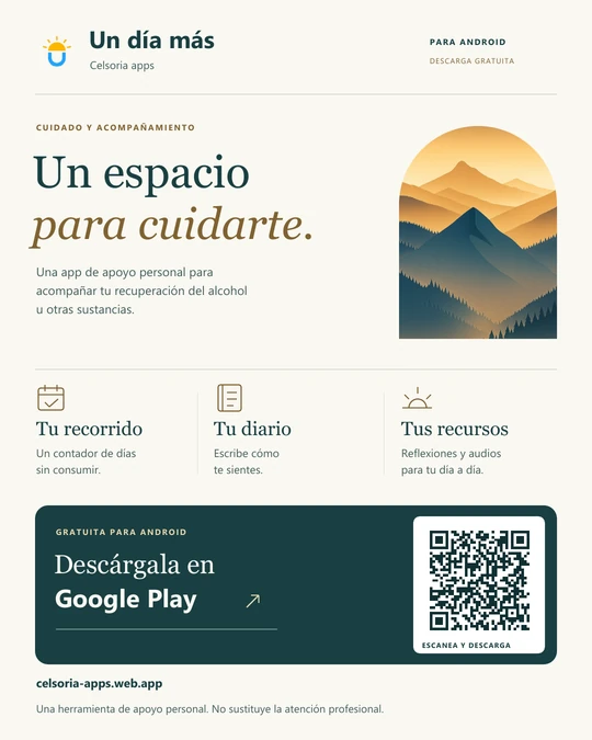 Material de Un día más con sus funciones y un código QR que abre Google Play